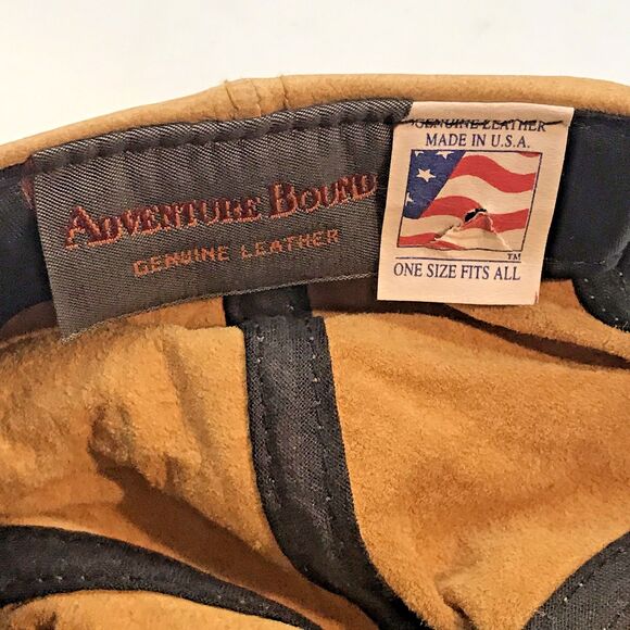 Vintage 90s Adventure Bound Baseball Cap Tan Genuine Leather Strapback Hat USA - Picture 8 of 8